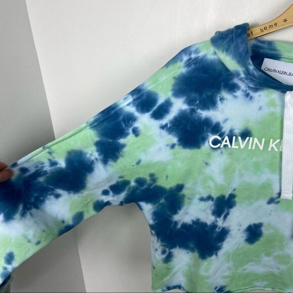 Calvin Klein Tie Dye Hoodie Size Large Blue Green Hooded Sweatshirt Cotton Crop - Picture 4 of 12